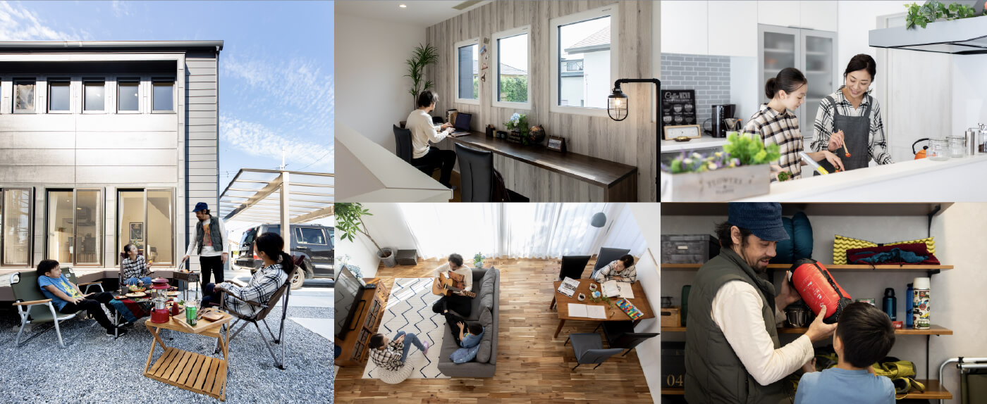 庭で団らんする家族の写真